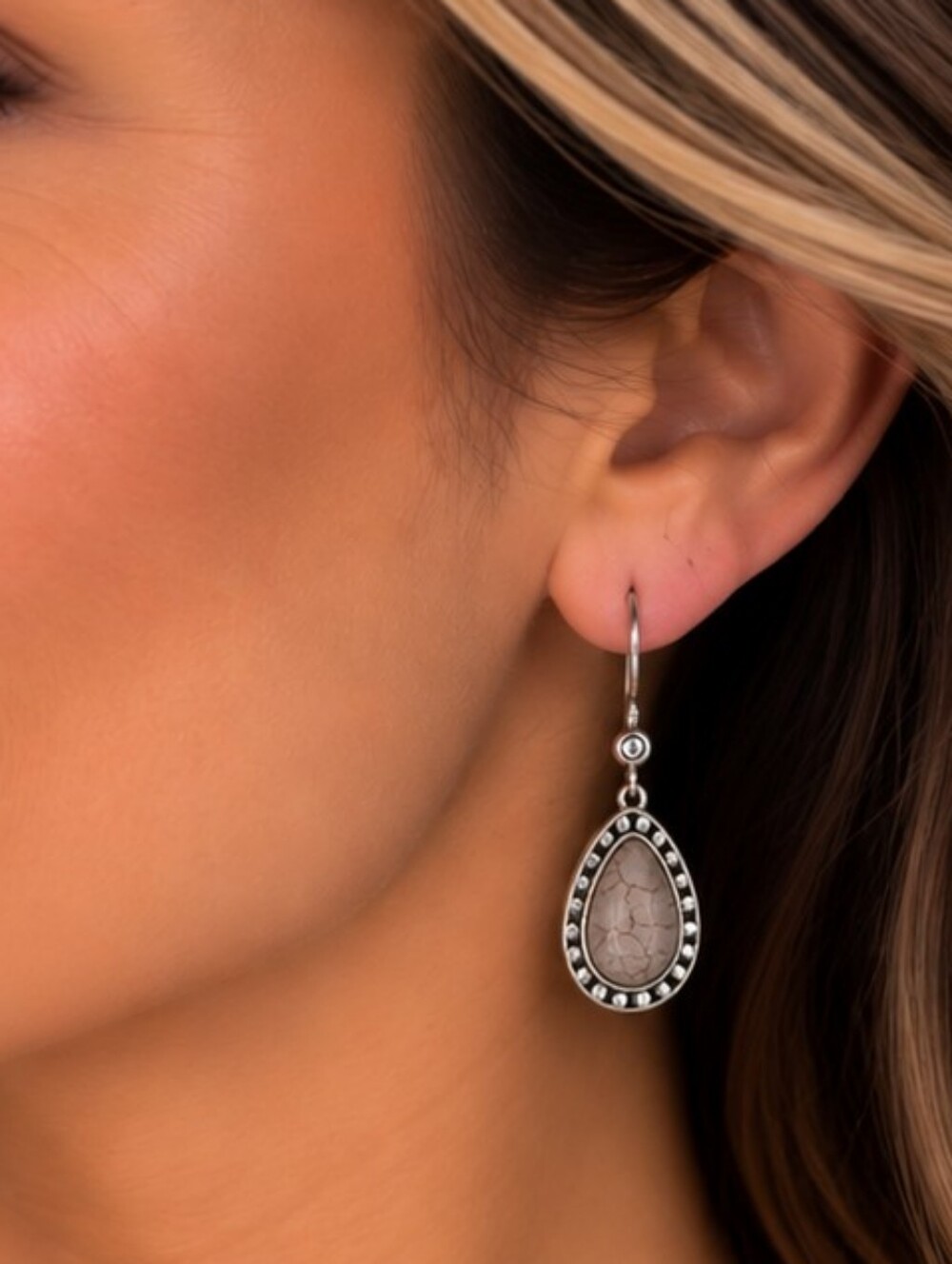 💎 Paparazzi Blush Crackle Teardrop Silver Tone Dangle Earrings Boho NWT